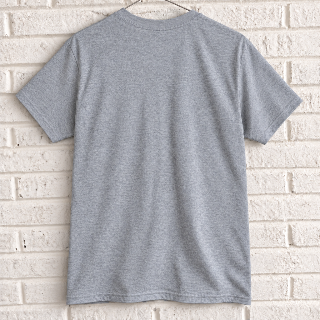 Grey London phone box and guard graphic tee on a white brick wall with a wire hanger — blank back view