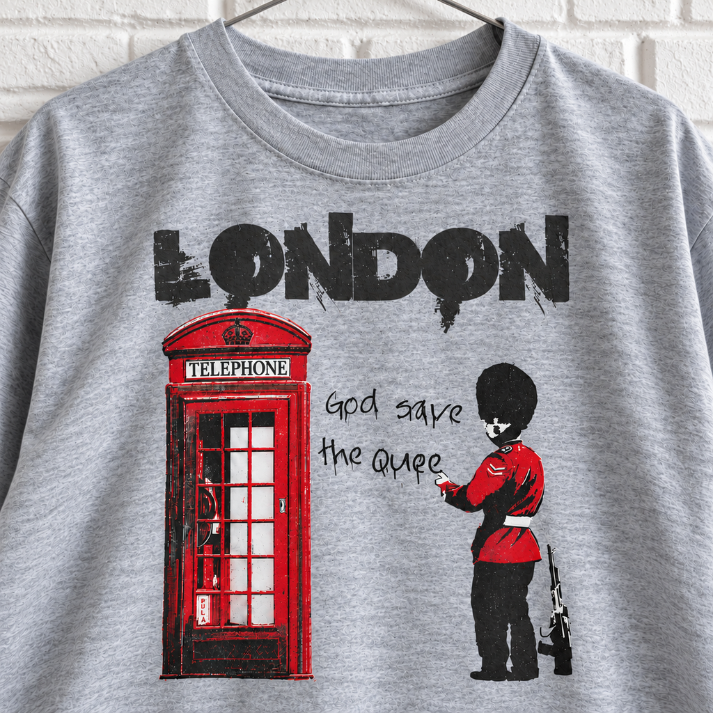 Grey London phone box and guard graphic tee on a white brick wall with a wire hanger — close-up front view