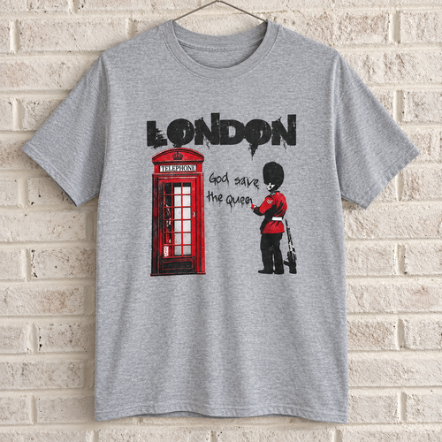 Grey London phone box and guard graphic tee on a white brick wall with a wire hanger — front view