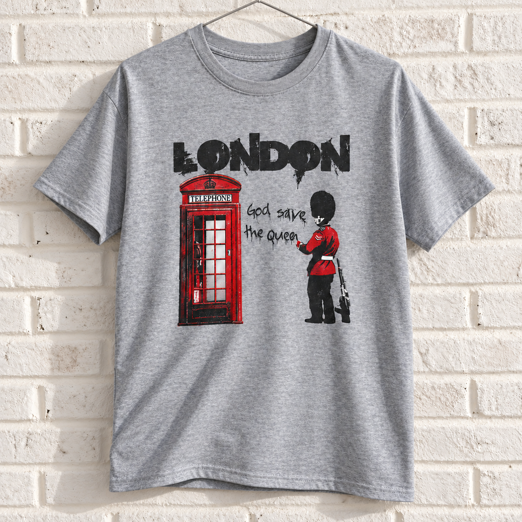 Grey London phone box and guard graphic tee on a white brick wall with a wire hanger — front view
