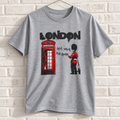 Grey London phone box and guard graphic tee on a white brick wall with a wire hanger — front view