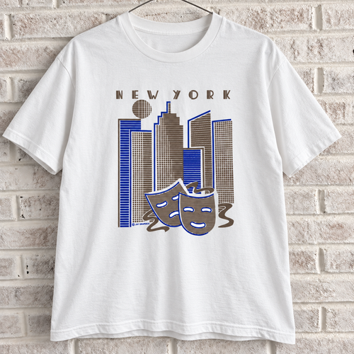 White New York skyline and theatre masks graphic tee on a white brick wall with a wire hanger — front view