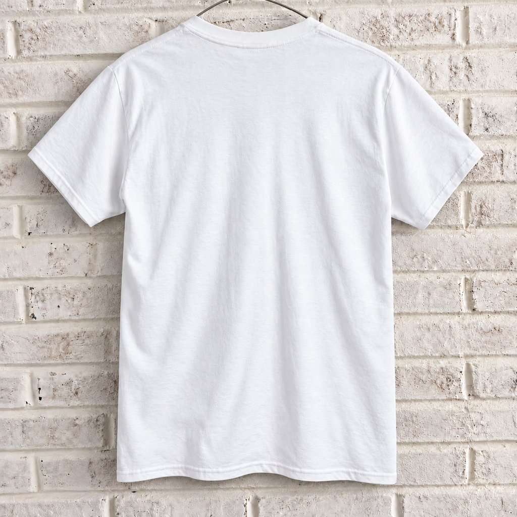USA 2002 American flag graphic tee on a white brick wall with a wire hanger — blank back view