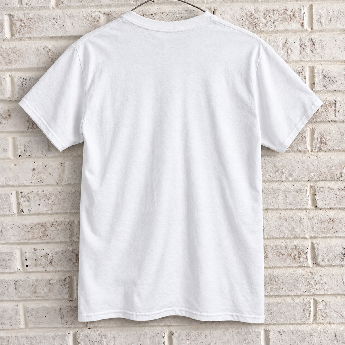 USA 2002 American flag graphic tee on a white brick wall with a wire hanger — blank back view