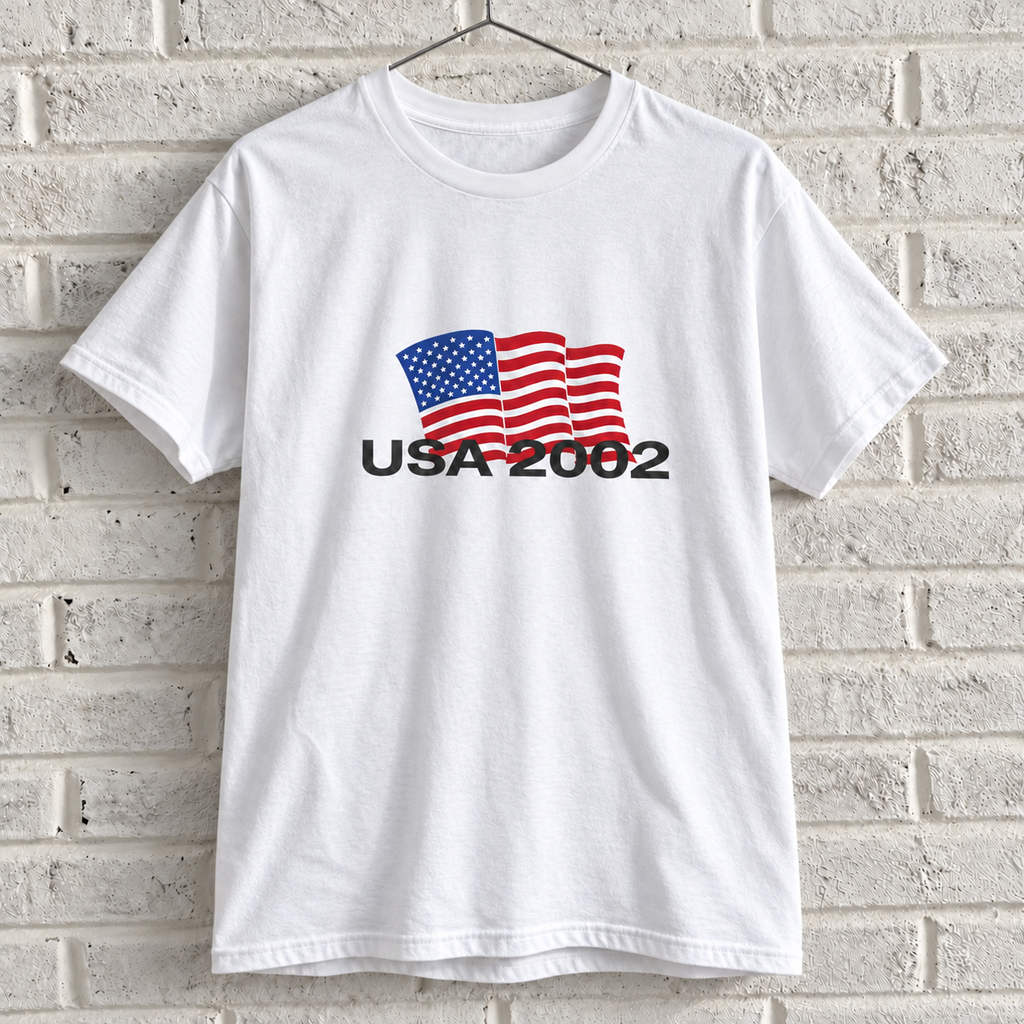 USA 2002 American flag graphic tee on a white brick wall with a wire hanger — front view