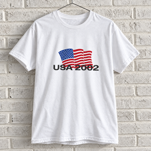 USA 2002 American flag graphic tee on a white brick wall with a wire hanger — front view