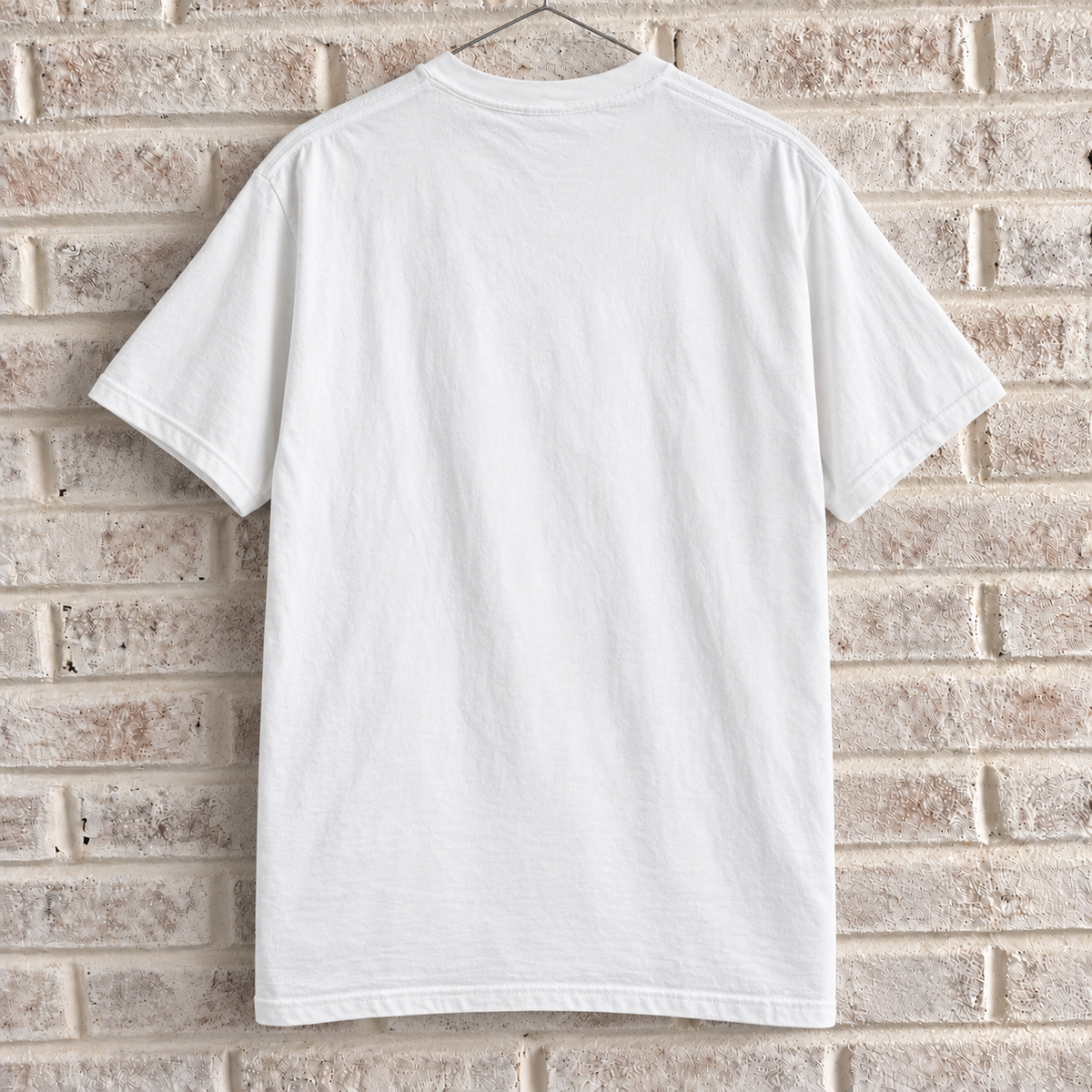 White Comfort Colors graphic tee on a white brick wall with a wire hanger — blank back view
