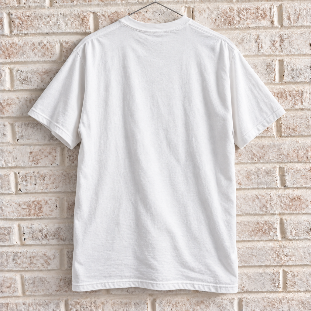 White Comfort Colors graphic tee on a white brick wall with a wire hanger — blank back view