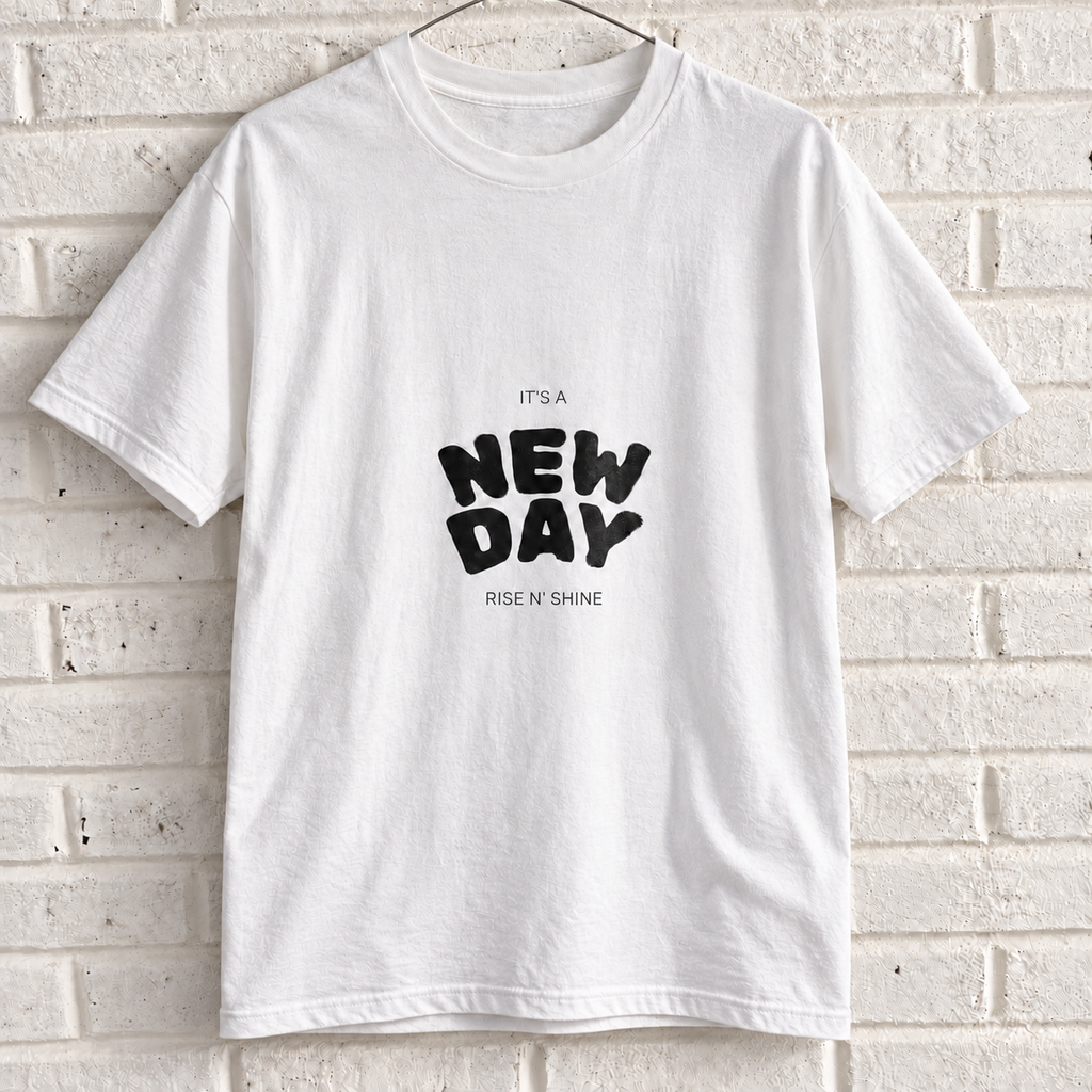 White Comfort Colors graphic tee on a white brick wall with a wire hanger — front view